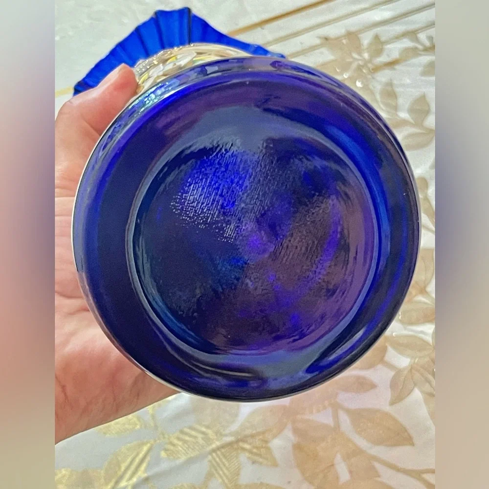 VTG Bohemian Czech Cobalt Blue Crystal RUFFLE Vase 24k Gold Enamel flowers